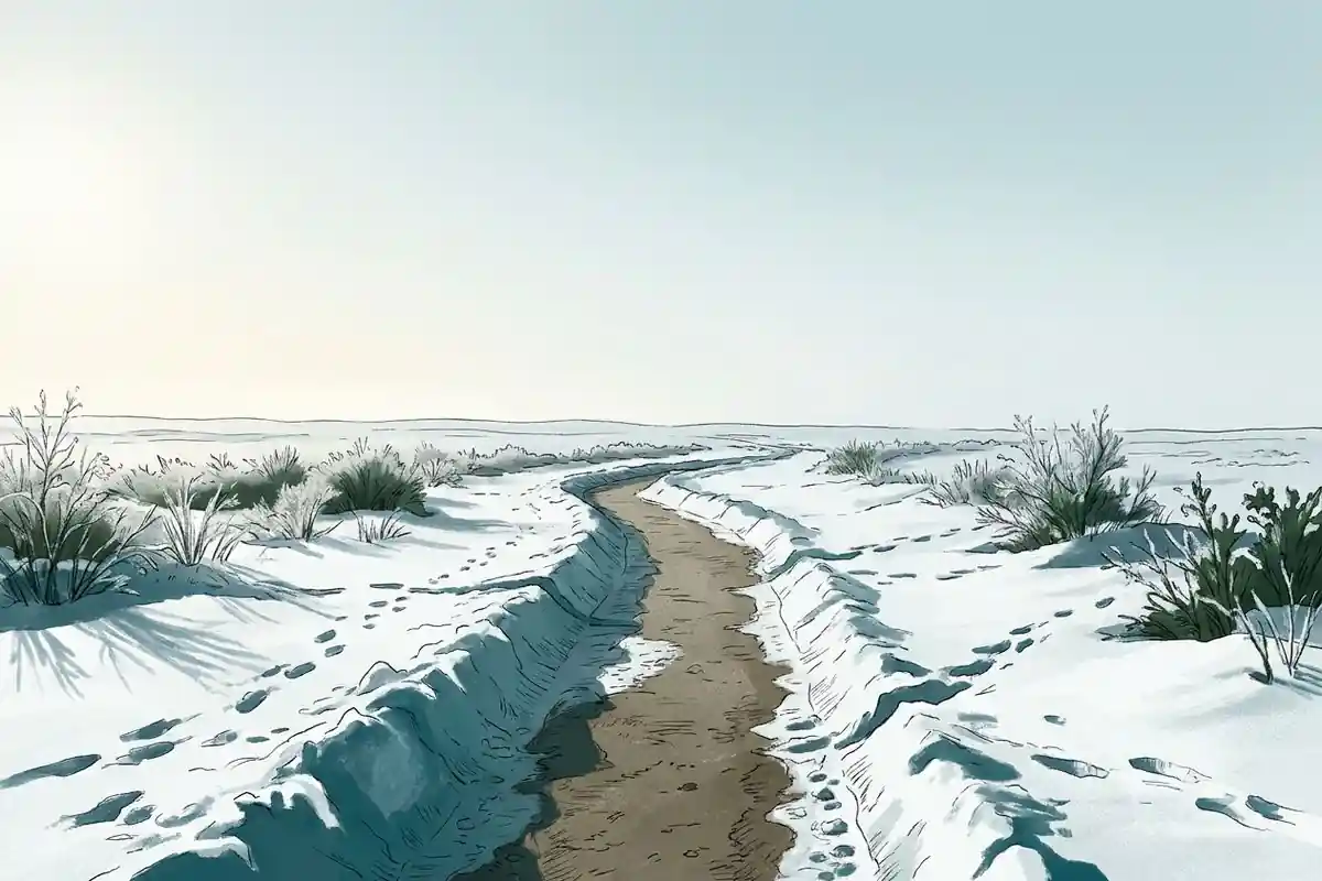An illustration of a cleared walkway cutting through snow-loaded grass at blue hour, with tracks in the snow along one side.