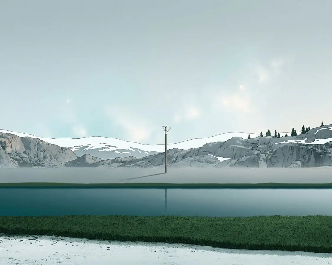 An illustration of a strip of watered grass in the foreground, a flat still plane of water across the middle distance, and rocky ridges with a clean line of snow along the top, in low early light. A single thin pipe stands upright at the left.